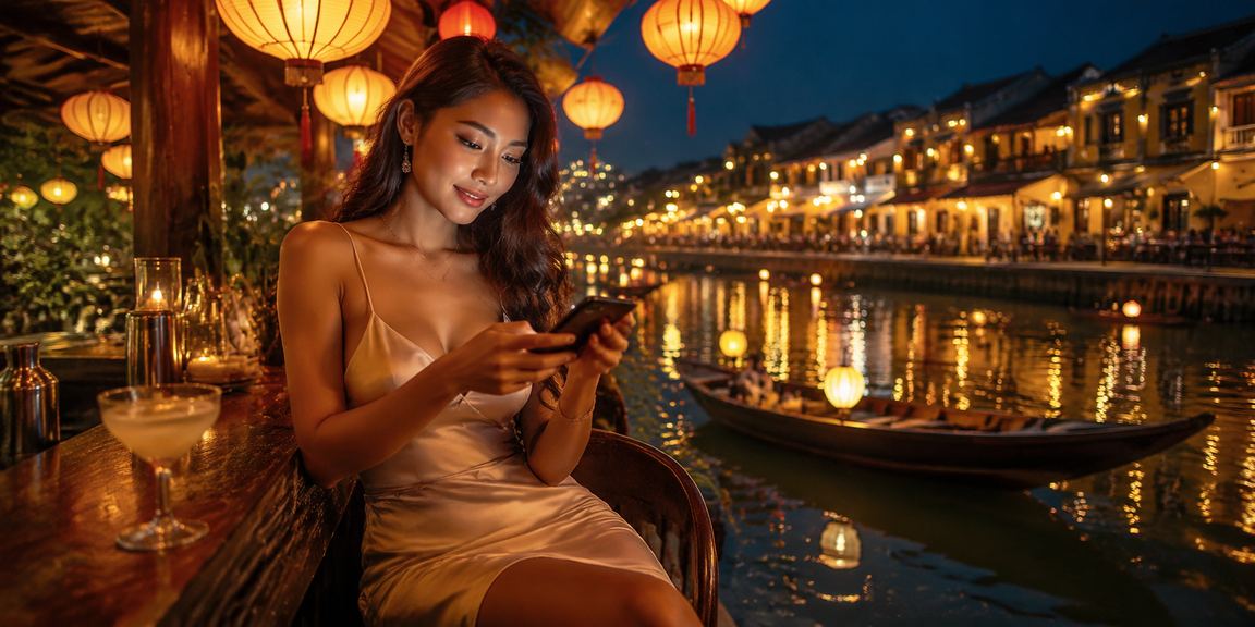 Người dùng tại Hội An dùng ứng dụng casino 4290 trên điện thoại bên tách cà phê buổi sáng