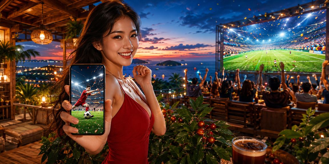 Người dùng chơi casino trên điện thoại tại quán cà phê ở Phú Quốc với không khí thư giãn